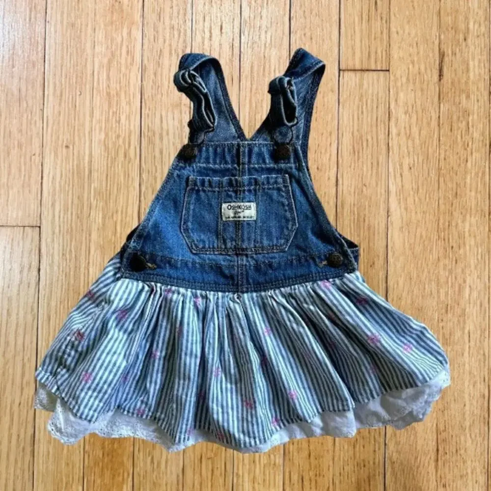 OshKosh B'gosh Overall Dress Striped Flower Eyelet Lace Ruffle Dress 2T